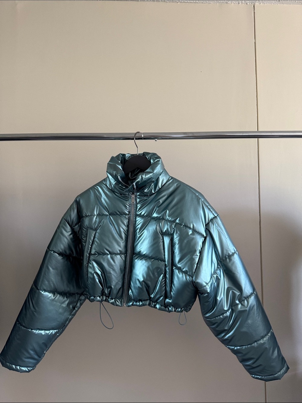 Urban Outfitters Metallic Teal Cropped Puffer Jacket